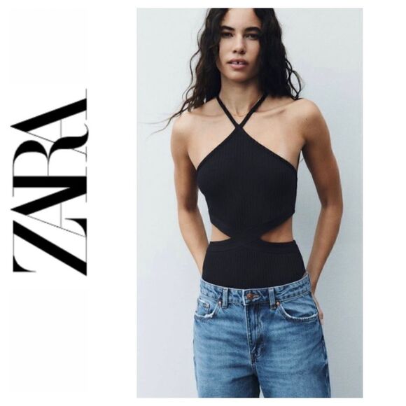 NWT Zara Black Ribbed Cutout Halter Neck Bodysuit, Size Small - Picture 1 of 12